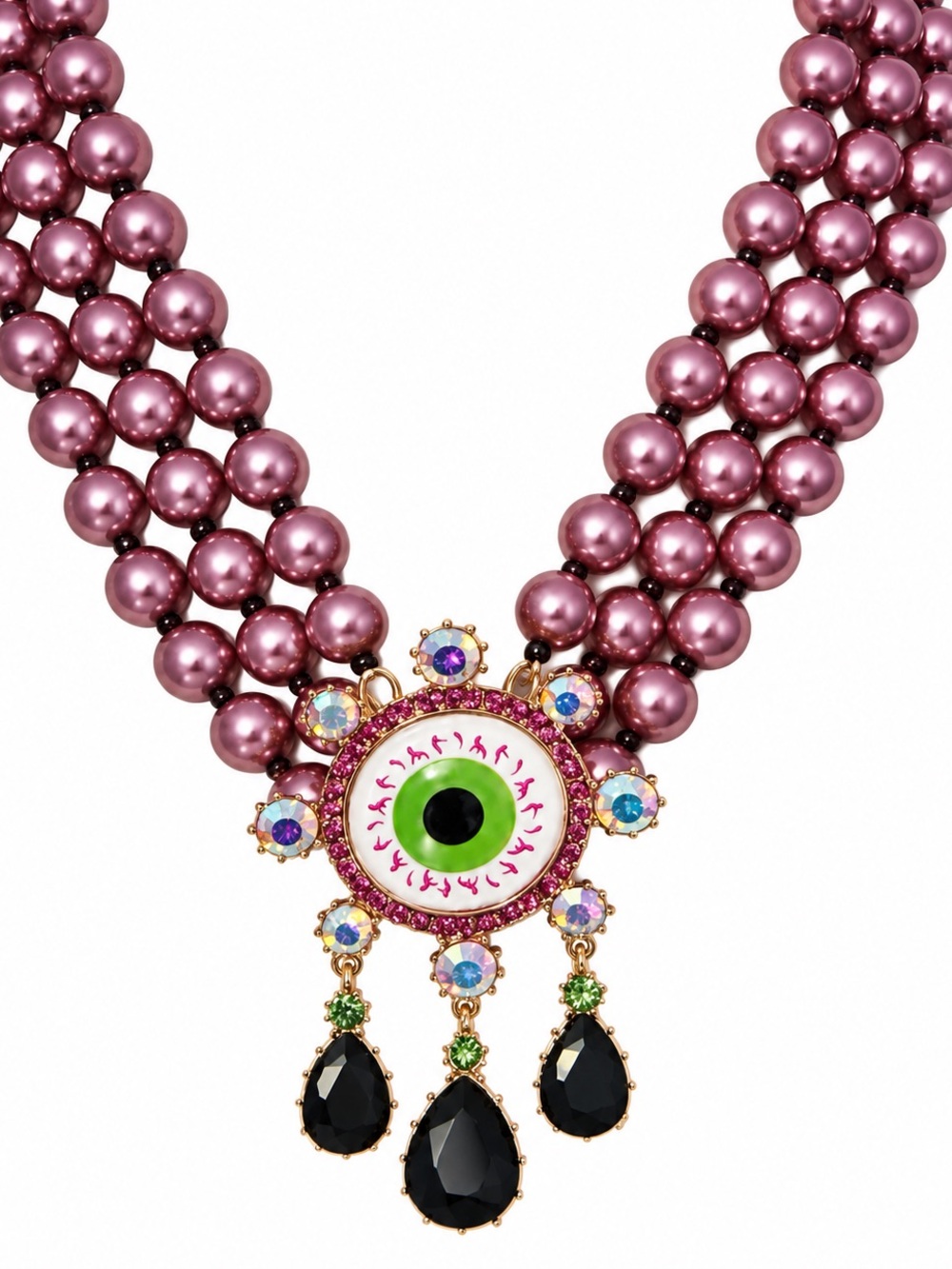 BETSEY JOHNSON Purple Faux Pearl Bling Eyeball Torsade Necklace